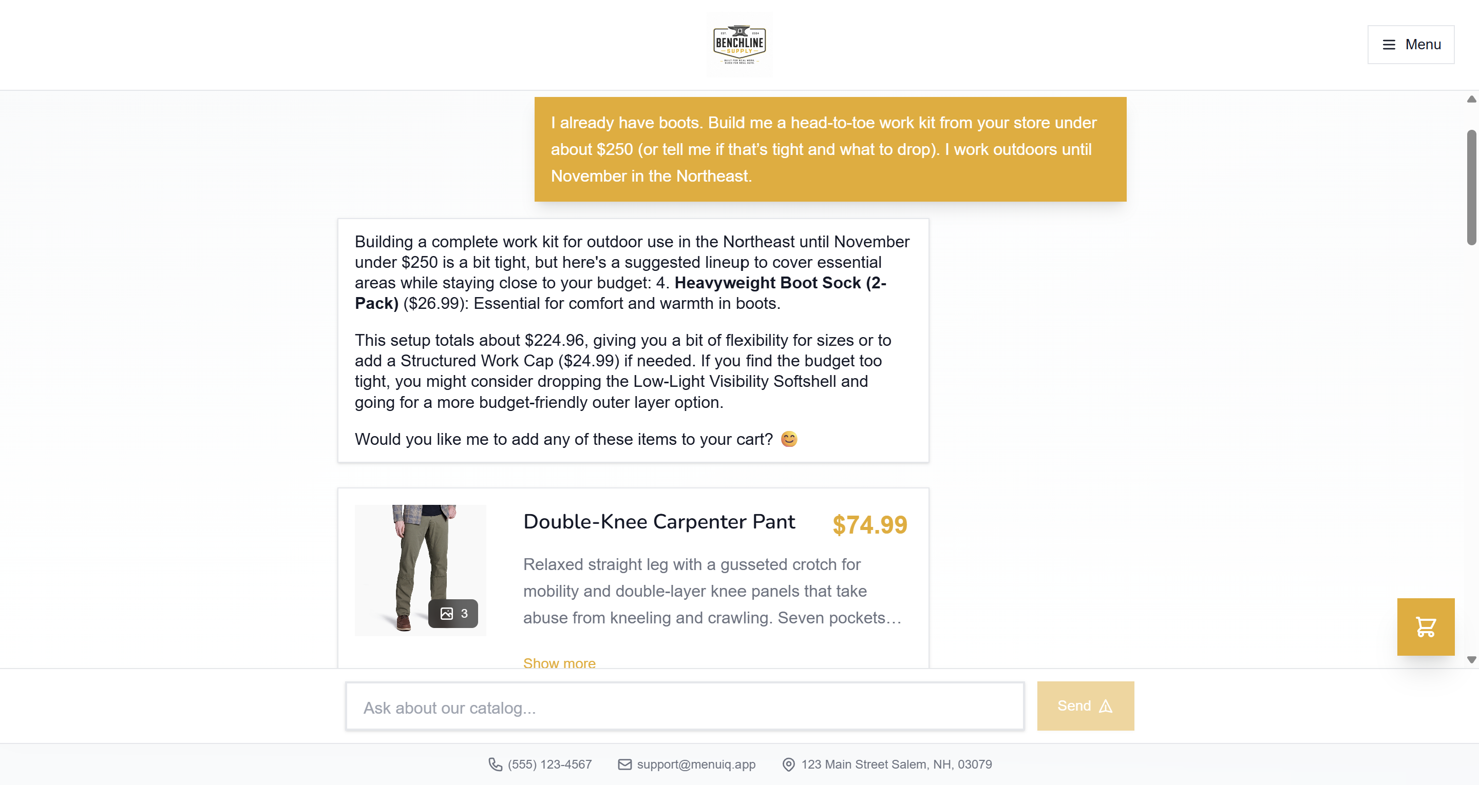 Raglie desktop storefront preview — Benchline Supply e‑commerce demo