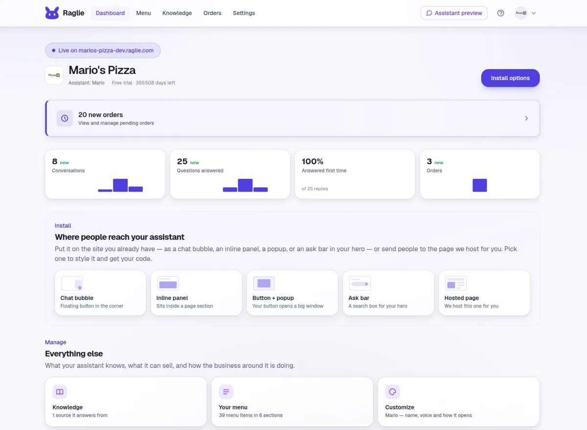 The Raglie dashboard, where you set up and manage your AI assistant