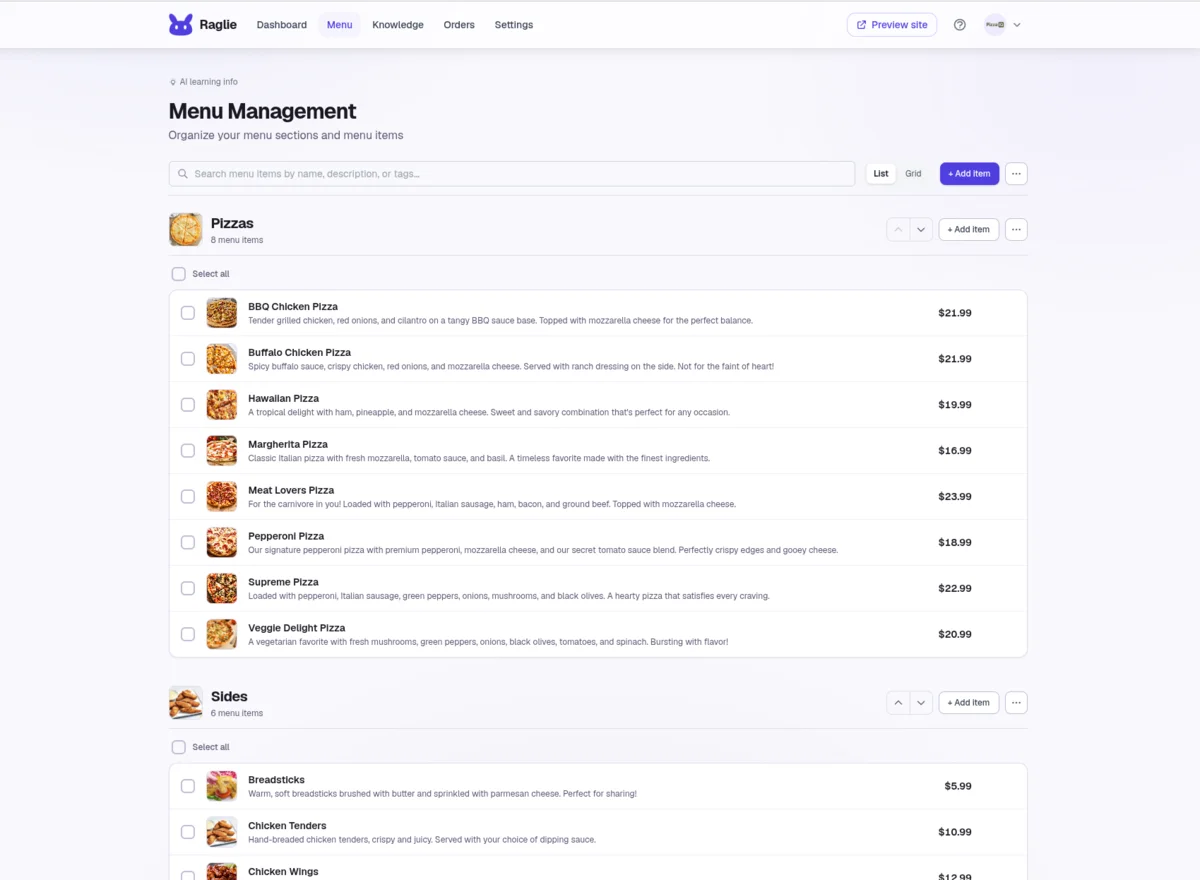 The catalog, where you add the items and services your assistant sells