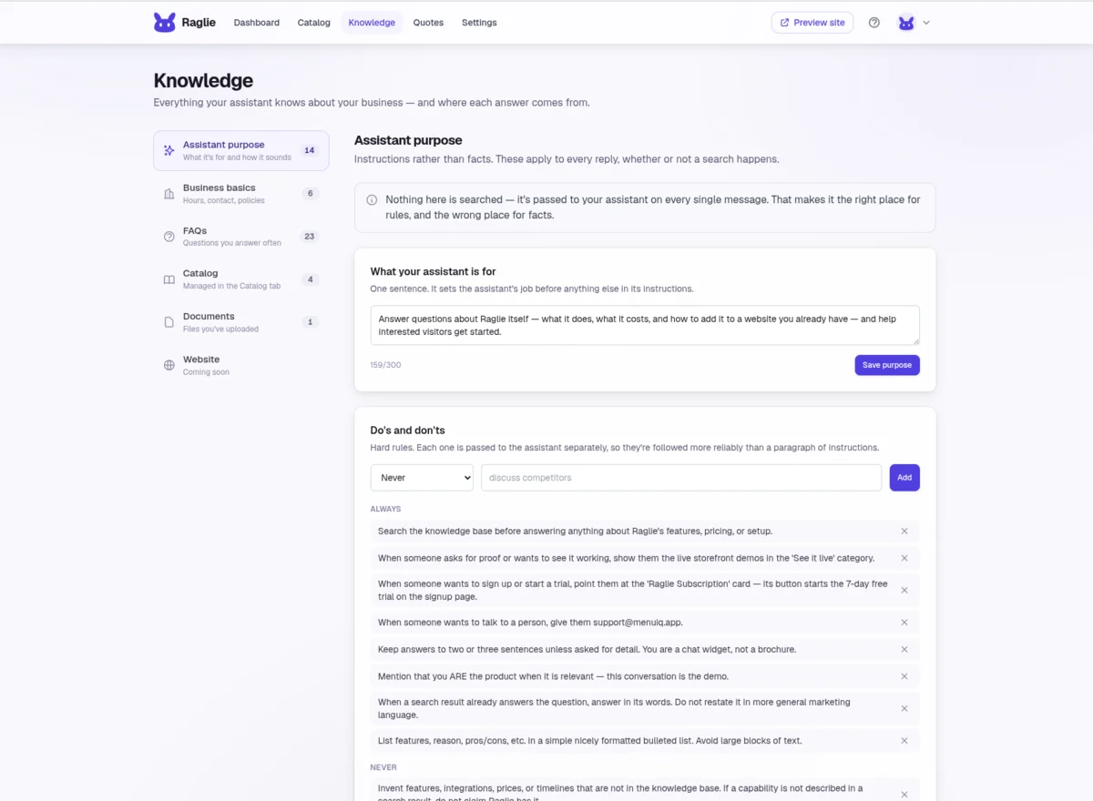 The Knowledge tab, where you edit what your assistant knows and how it answers