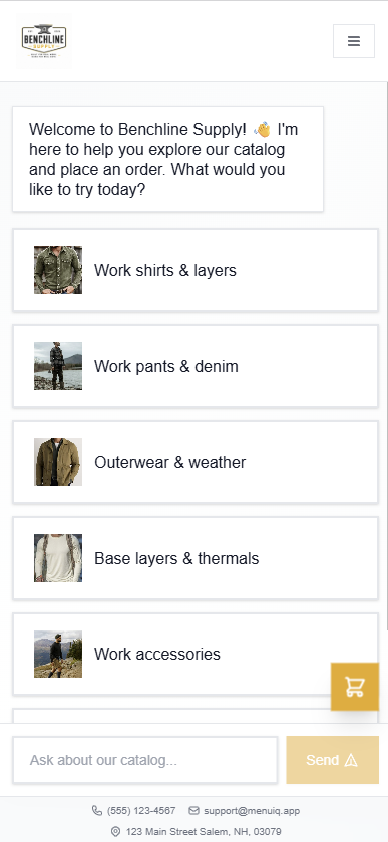 Raglie mobile storefront preview — Benchline Supply e‑commerce demo